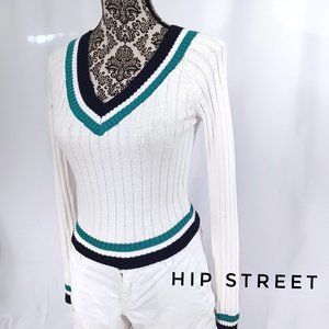 FOREVER 21 Preppy Stripe LS V Neck Ribbed Cotton Sweater S